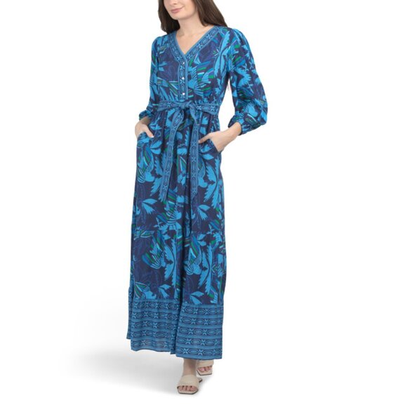 CELINA MOON Blue/blue Long Sleeve Floral Maxi Dress - Picture 1 of 2